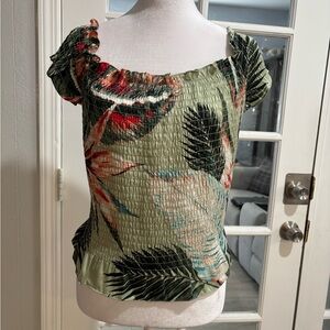 Guess Olive Green Tropical Smocked Square-Neck Crop Top